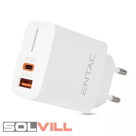   Hálózati gyorstöltő PD & QC, USB + USB-C, 20W, fehér Entac Avide